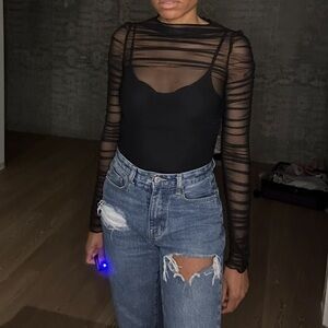 PrettyLittleThing Black Sheer Long Sleeve Bodysuit